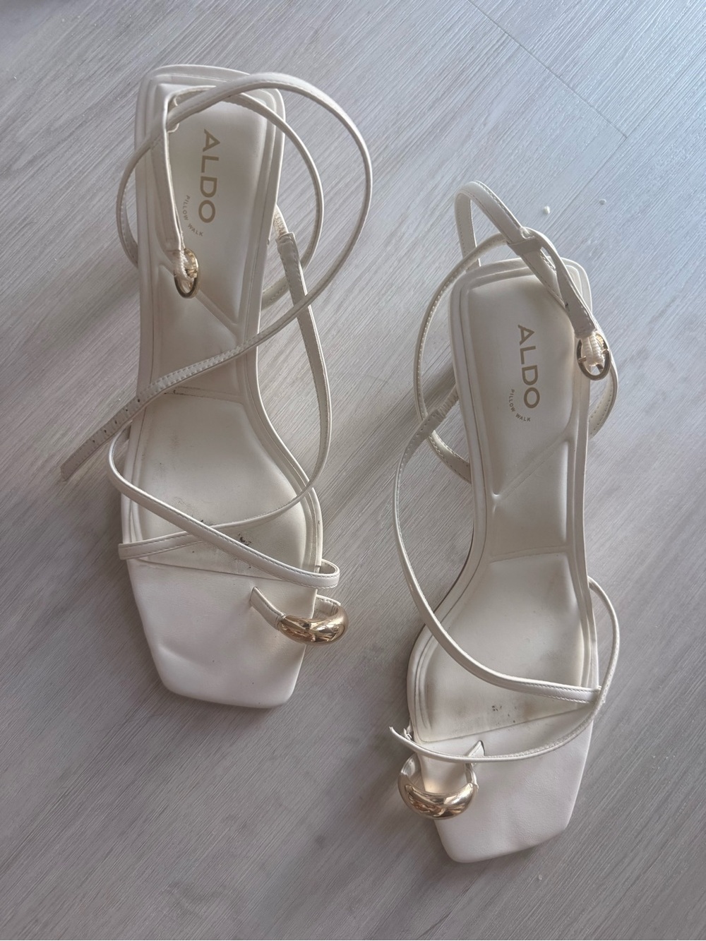 ALDO Ivory Strappy Square-Toe Heels with Gold Accent